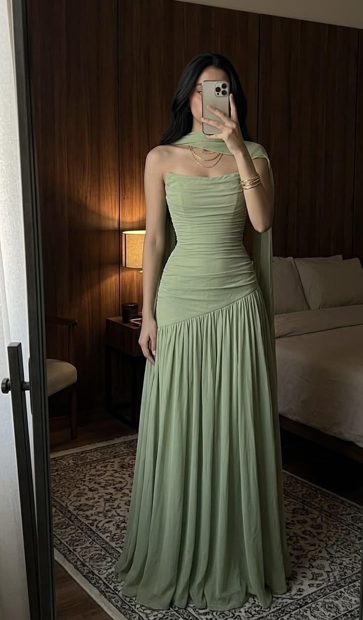 Light Green Chiffon Maxi Dress with Scarf Strapless Long Ruched Party Dresses
