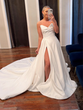 A Line White Satin Long Prom Dresses, Beautiful Wedding Dress