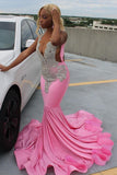 Elegant Pink Mermaid Court Train Prom Dresses with Silver Crystal Black Women