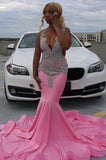 Elegant Pink Mermaid Court Train Prom Dresses with Silver Crystal Black Women