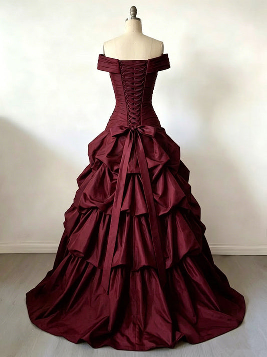 Wine Red Sweetheart Off Shoulder Tiered Prom Dress Gothic Sweet 16 Gown