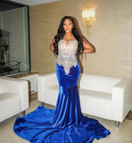 Royal Blue African Prom Dresses Crystals Rhinestones,Mermaid Velvet Black Girls Evening Gown