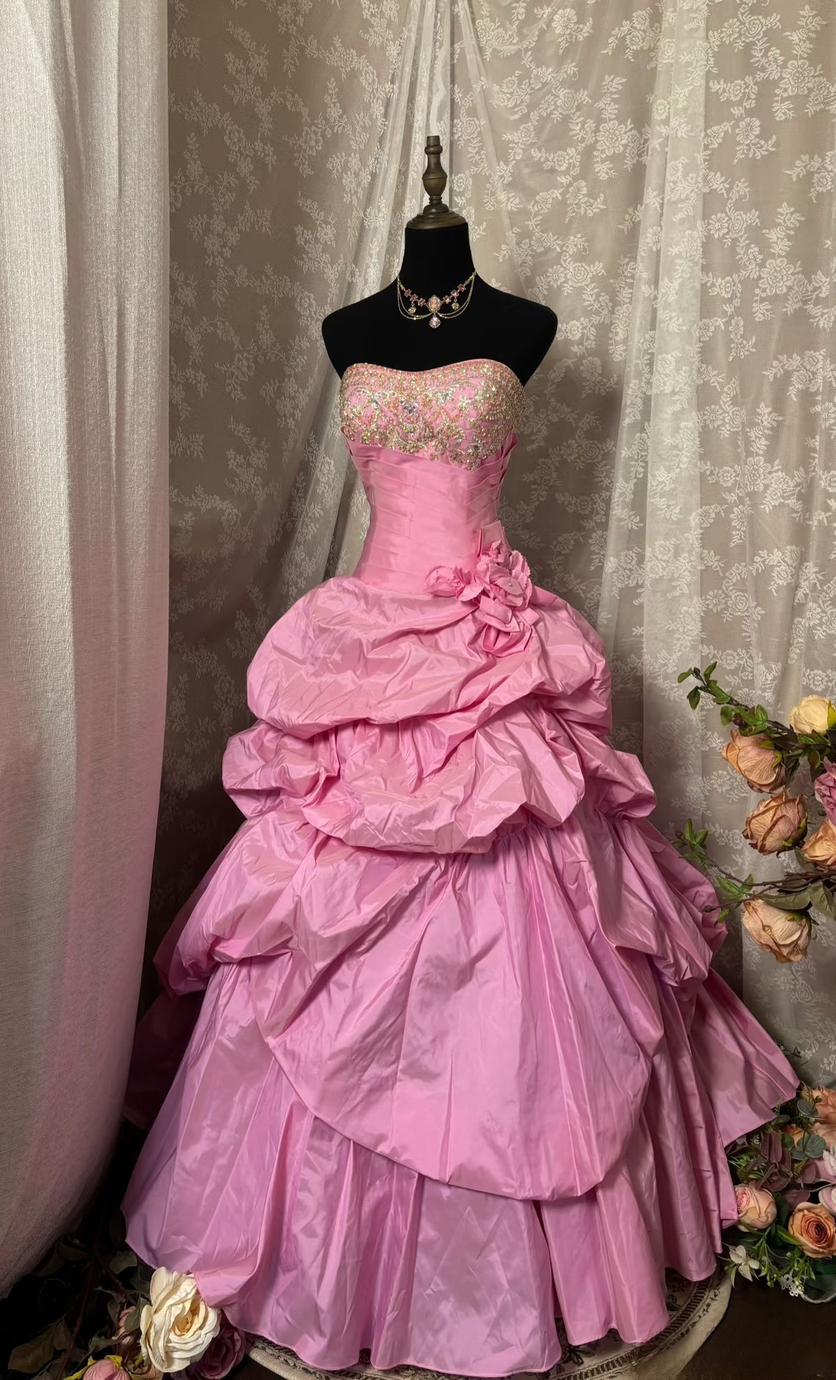 Pink Ball Gown Quinceanera Gown Strapless Ruffled Taffeta Beaded Long Prom Dress