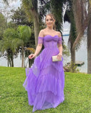 Sweetheart Purple Tulle Long Prom Dress,Tiered Evening Gowns
