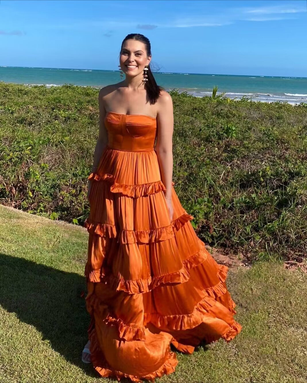 Strapless Burnt Orange A Line Layered Satin Long Prom Dress