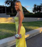 Yellow Mermaid Back Open Satin Prom Dress, Formal Dresses Long