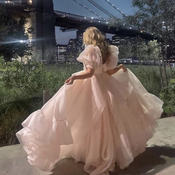 Pink A-Line Organza Long Prom Dress Engagement Dress with Puff Sleeves jkprom Pink A-Line Organza Long Prom Dress Engagement Dress with Puff Sleeves jkprom