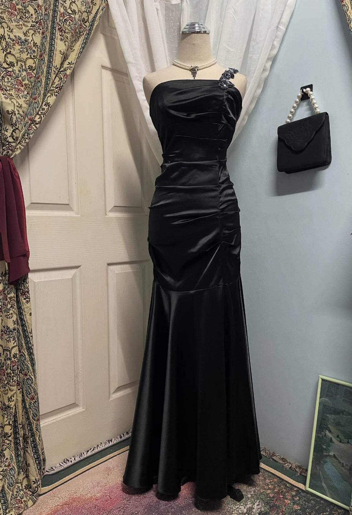 Black Long Prom Dress Sheath Satin Wedding Guest Dresses – jkprom