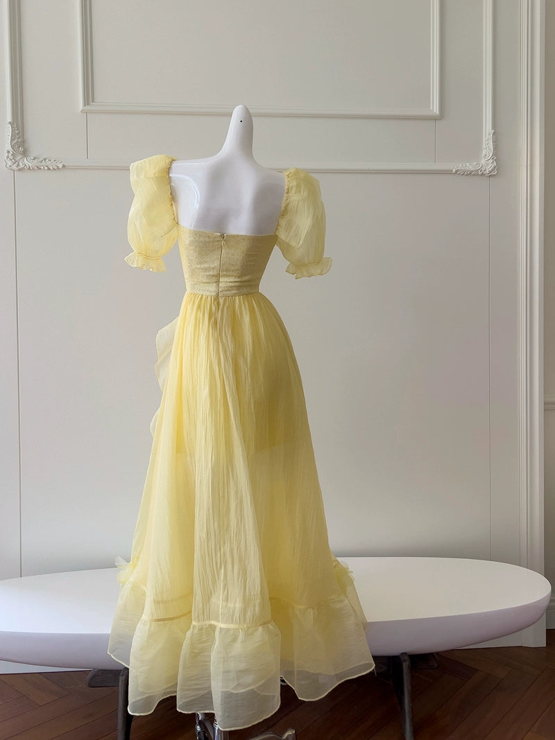 Classy A Line Yellow Long Prom Dress Ruffle Off-the-shoulder Graduation Outfit