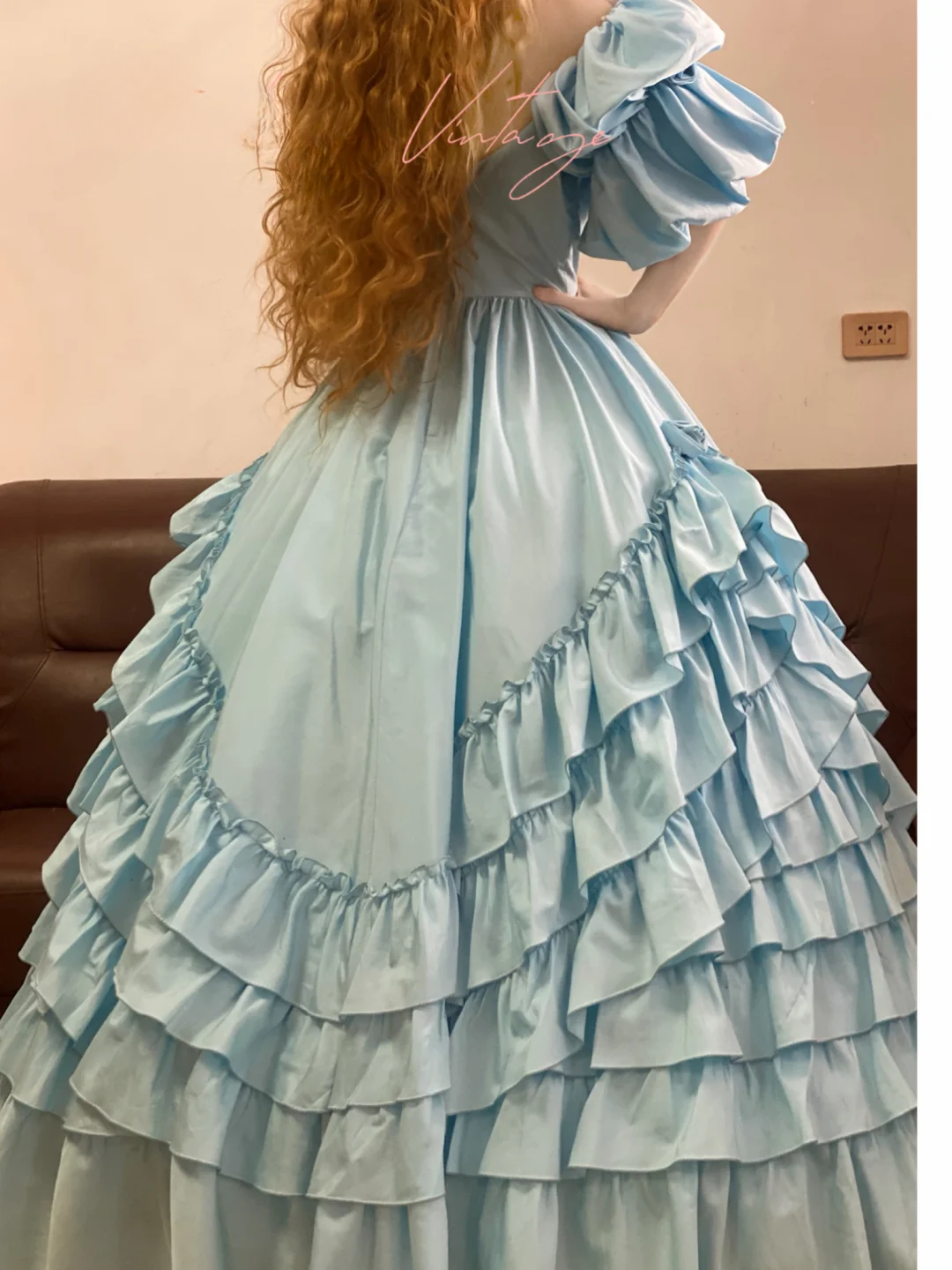 Vintage Blue Ball Gown Layered Satin Prom Dress 16th Birthday Dresses