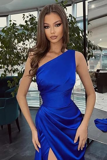 Mermaid One Shoulder Black Slit Satin Party Dresses Formal Wedding Guest Dresses