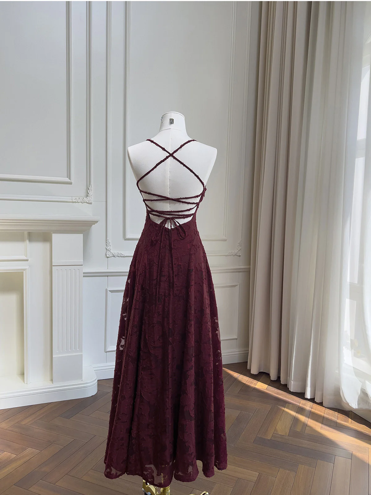 Wine Red Lace Cross Back Prom Dresses Burgundy Dress Outfit Wedding