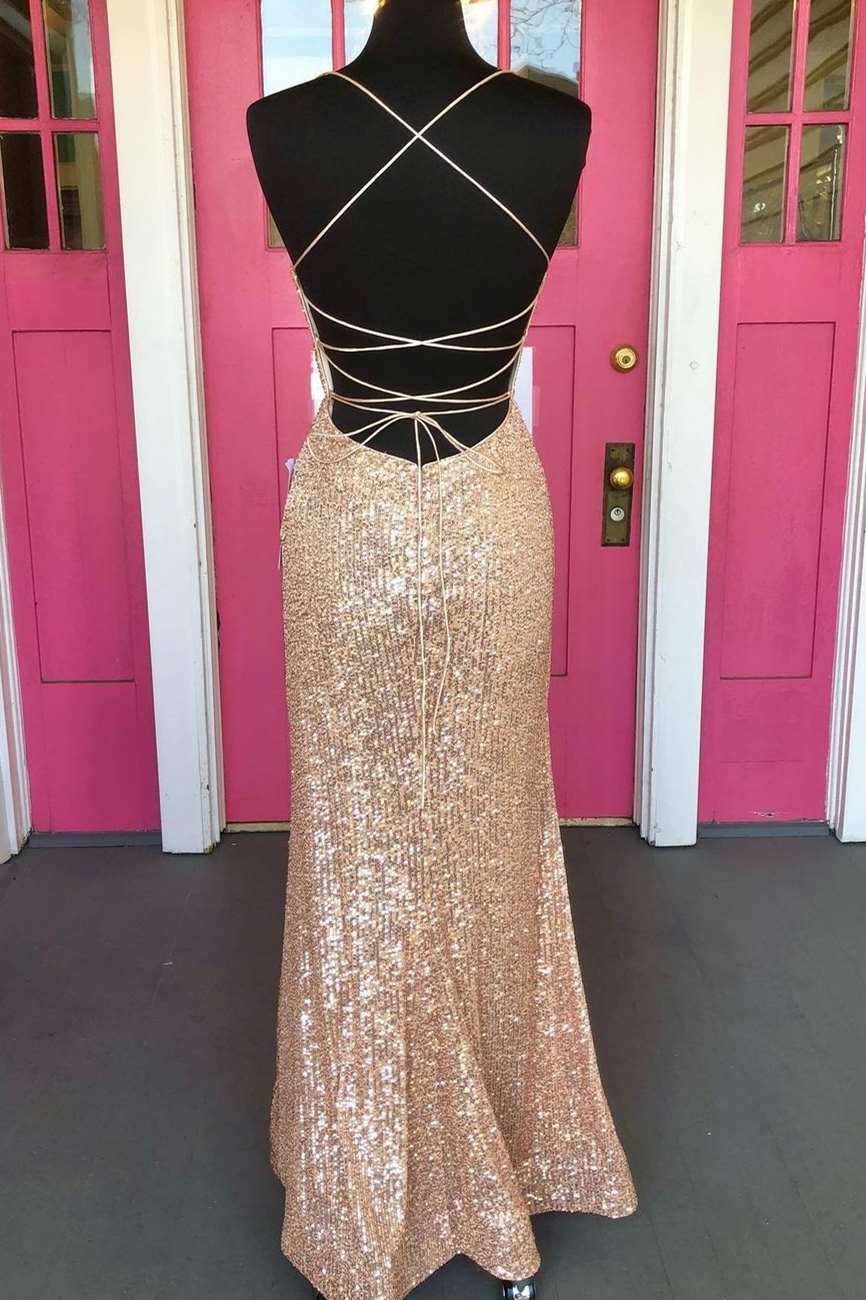 Tight Rose Gold Sequin Long Formal Dress Open Back