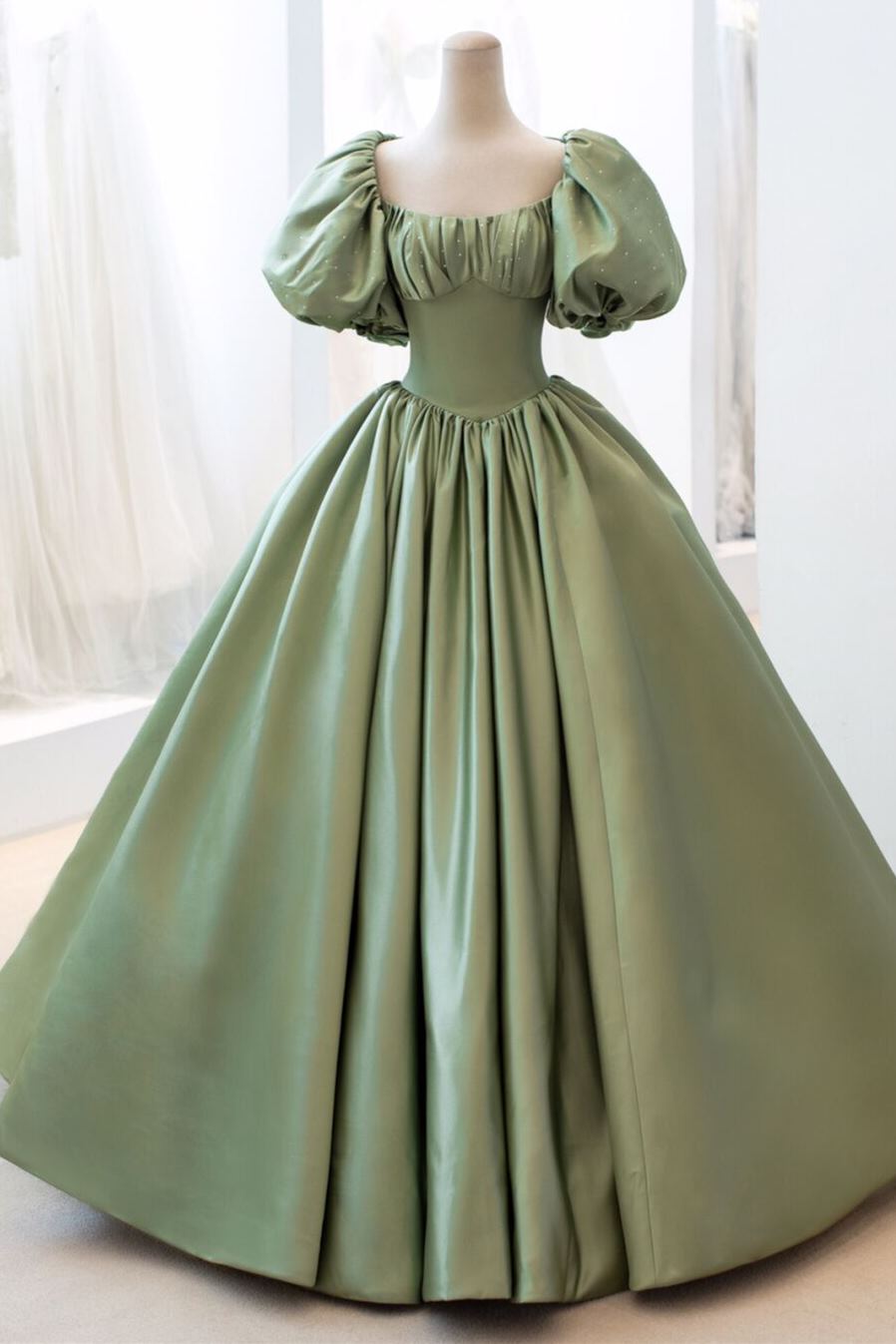 Sage Green Satin Prom Dress with Short Bell Sleeves jkprom Sage Green Satin Prom Dress with Short Bell Sleeves jkprom