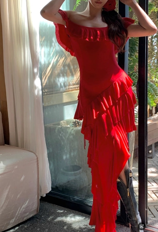 Elegant Red Prom Dress Aesthetic Ruffled Wedding Guest Dresses jkprom Elegant Red Prom Dress Aesthetic Ruffled Wedding Guest Dresses jkprom