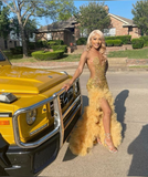Charming Gold Crystal Prom Dresses Ruffles Formal Dress Long