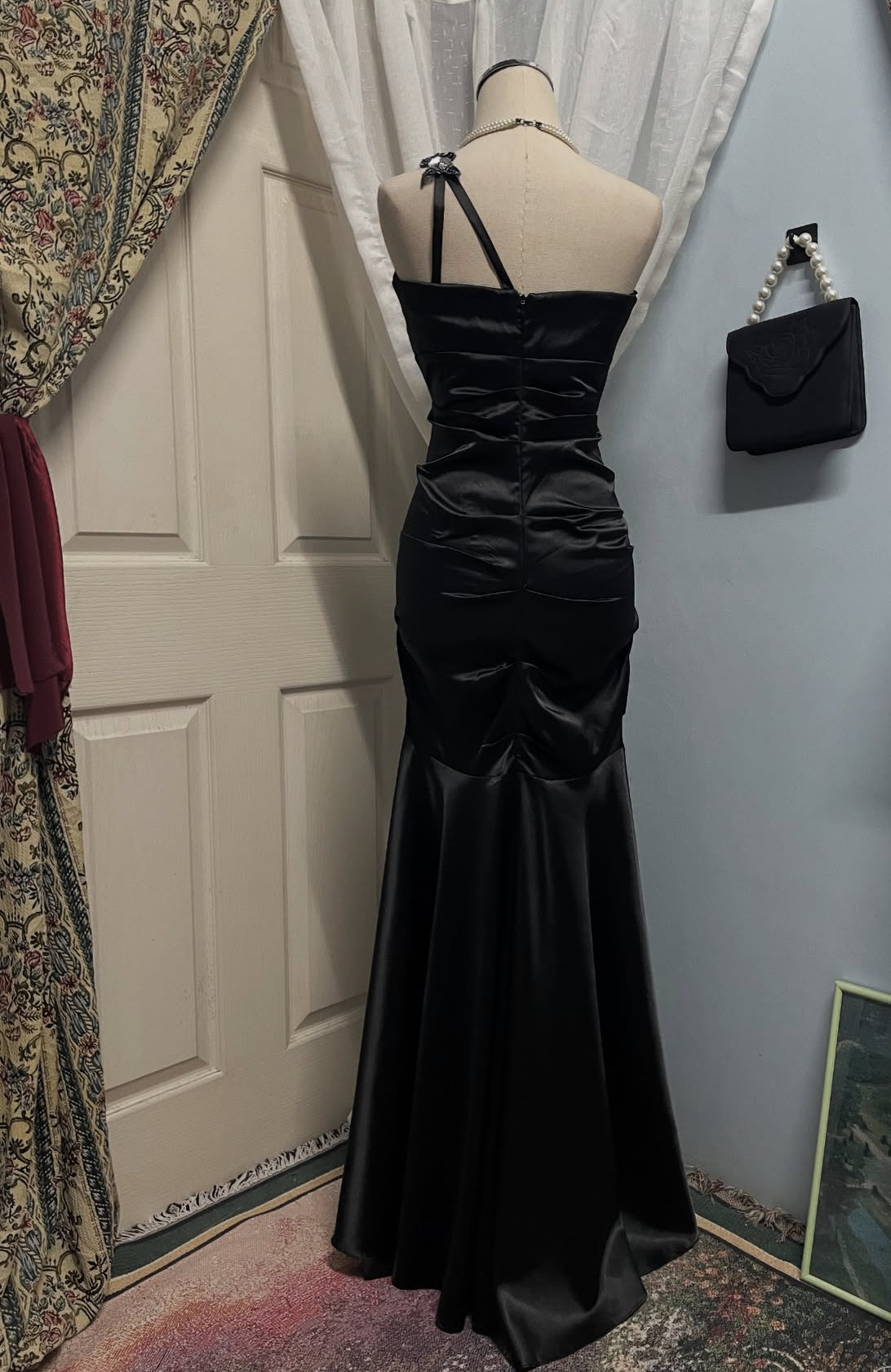 Black Long Prom Dress Sheath Satin Wedding Guest Dresses