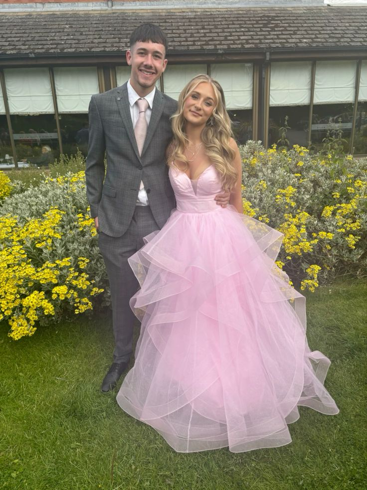 Shiny Pink Tulle Tiered A-line Prom Dress Straps Evening Gown