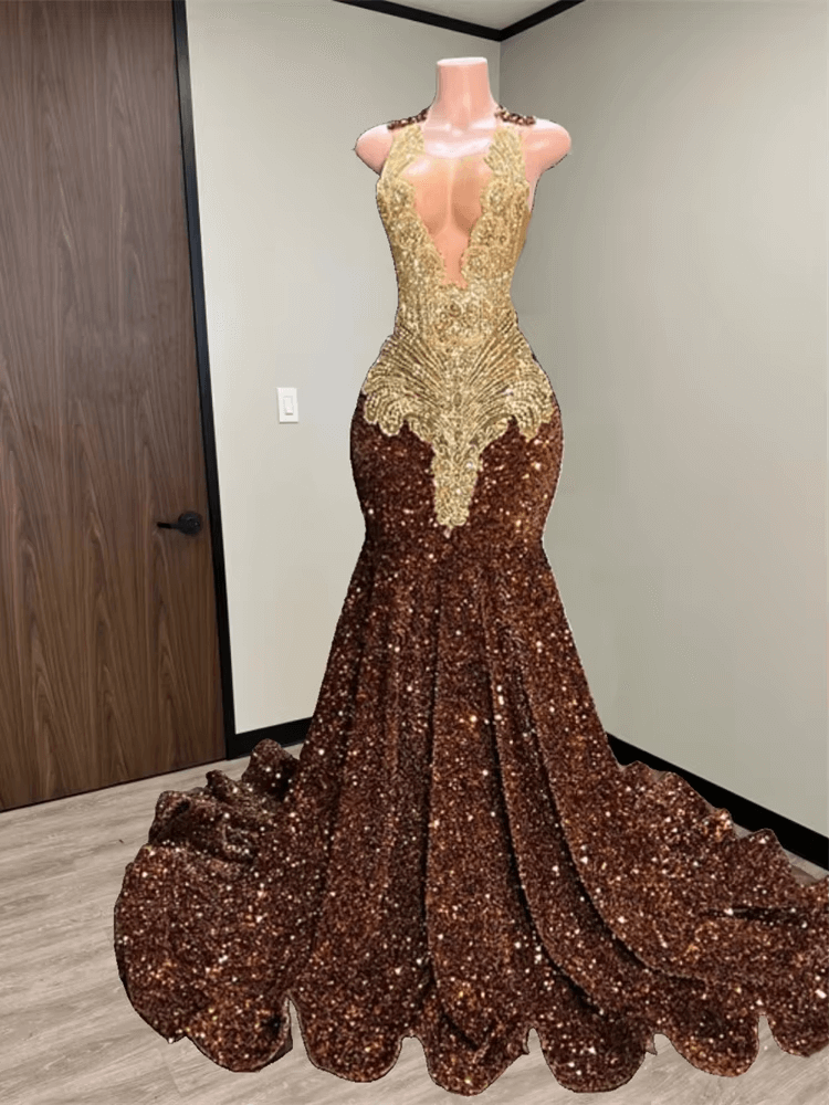 Sparkly Brown Sequin Prom Dress with Gold Crystal Long Birthday Dresses