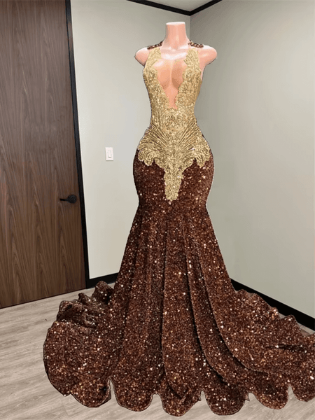 Sparkly Brown Sequin Prom Dress with Gold Crystal Long Birthday Dresse