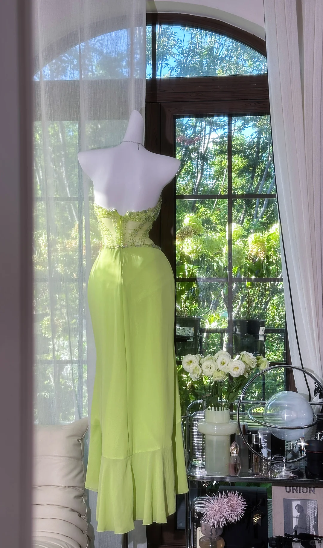 Classy Green Mermaid Evening Dresses Sweetheart Neck Beaded Ruffle Chiffon Prom Outfit