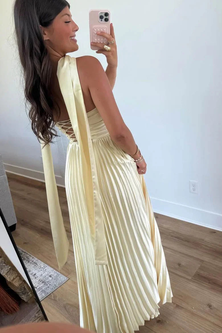 Strapless Pleated Satin Maxi Prom Dress A-Line Evening Gown with Scarf