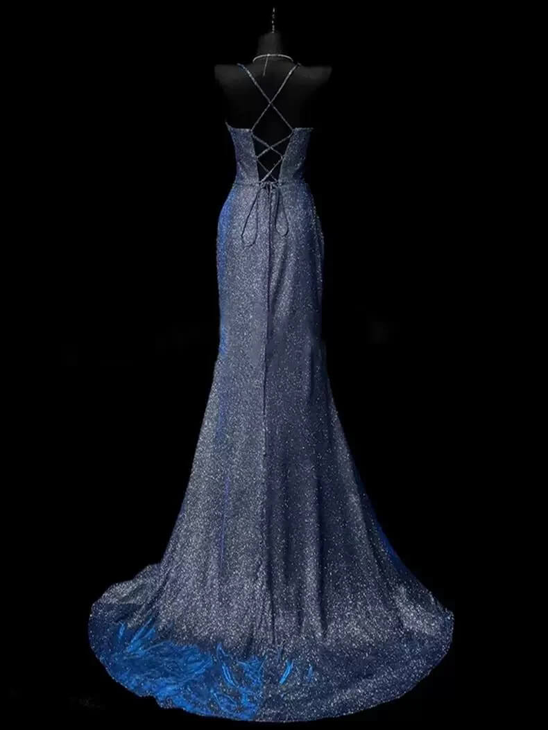 Classy Leg Split Prom Dresses Straps Mermaid Long Evening Party Gowns