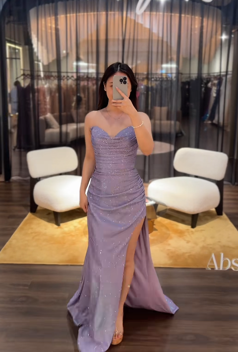 Elegant Sheath Purple Long Prom Dresses Glitter High Slit Formal Dress