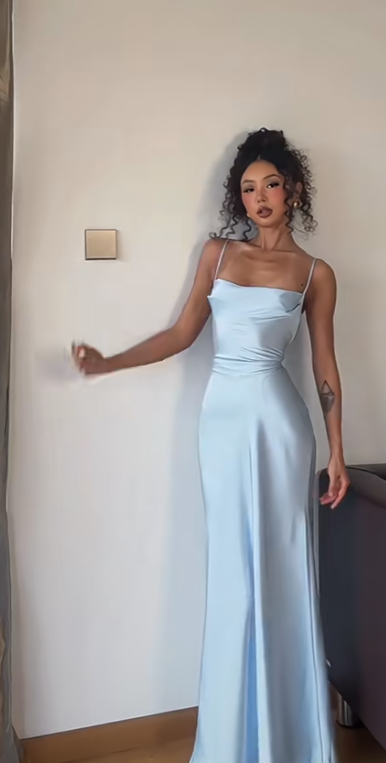 Sexy Blue Birthday Dresses Spaghetti Straps Satin Long Prom Gown Formal Party Dress