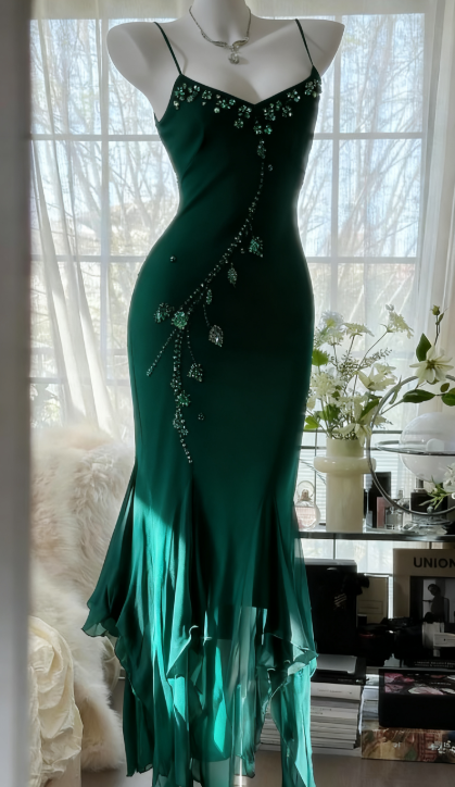 Spaghetti Straps Sheath Long Prom Dresses Chiffon Beaded Dark Green Tight Evening Gowns