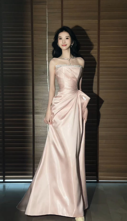 Strapless Sheath Long Prom Dresses Pink Formal Evening Gowns Sleeveless Party Dress