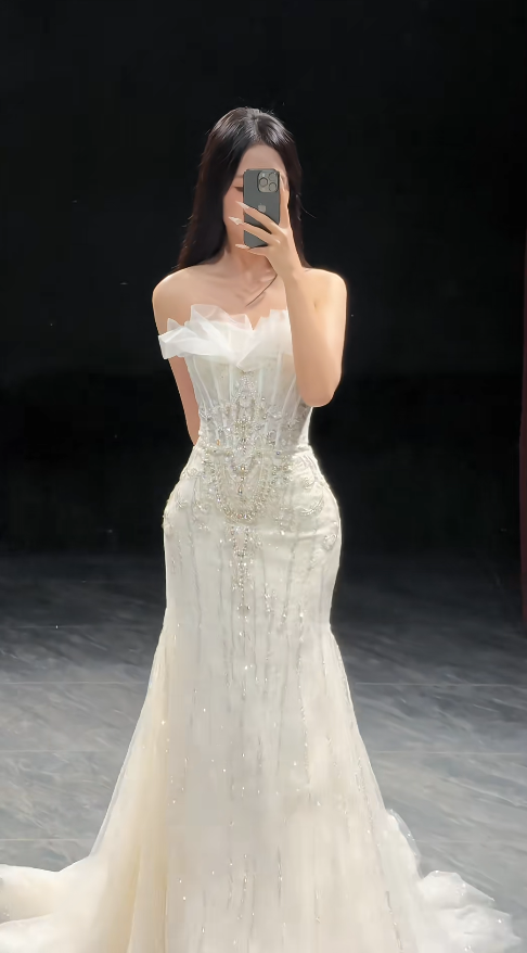 Luxury Strapless Mermaid Long Wedding Dresses Beaded Tulle White Bridal Gowns Women Bridal Dress