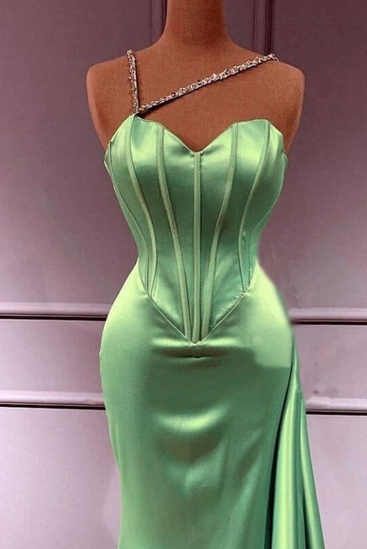 Chic Mermaid Long Prom Dresses Satin Green Wedding Party Dress