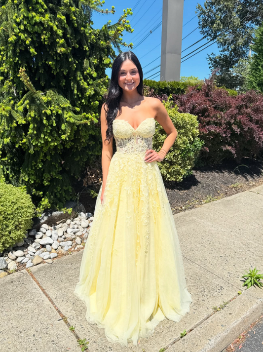 Sweetheart A-line Yellow Long Prom Dresses Floor Length Birthday Dress