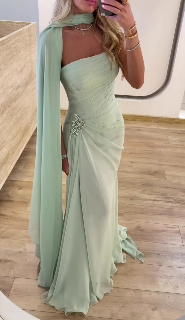 Light Green Chiffon Pleated Mermaid Long Birthday Dress Strapless Wedding Guest Dresses – jkprom