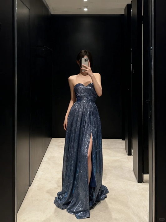 Shiny A Line Sequin Long Prom Dress Classy Evening Gowns with Slit