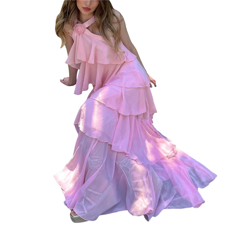 Pink A-line Tiered Prom Dress Backless Chiffon Formal Outfit