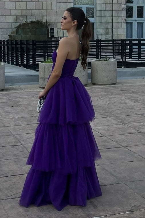Grape Tulle A-Line Sweetheart Strapless Tiered Prom Dress Corst Formal Evening Gown