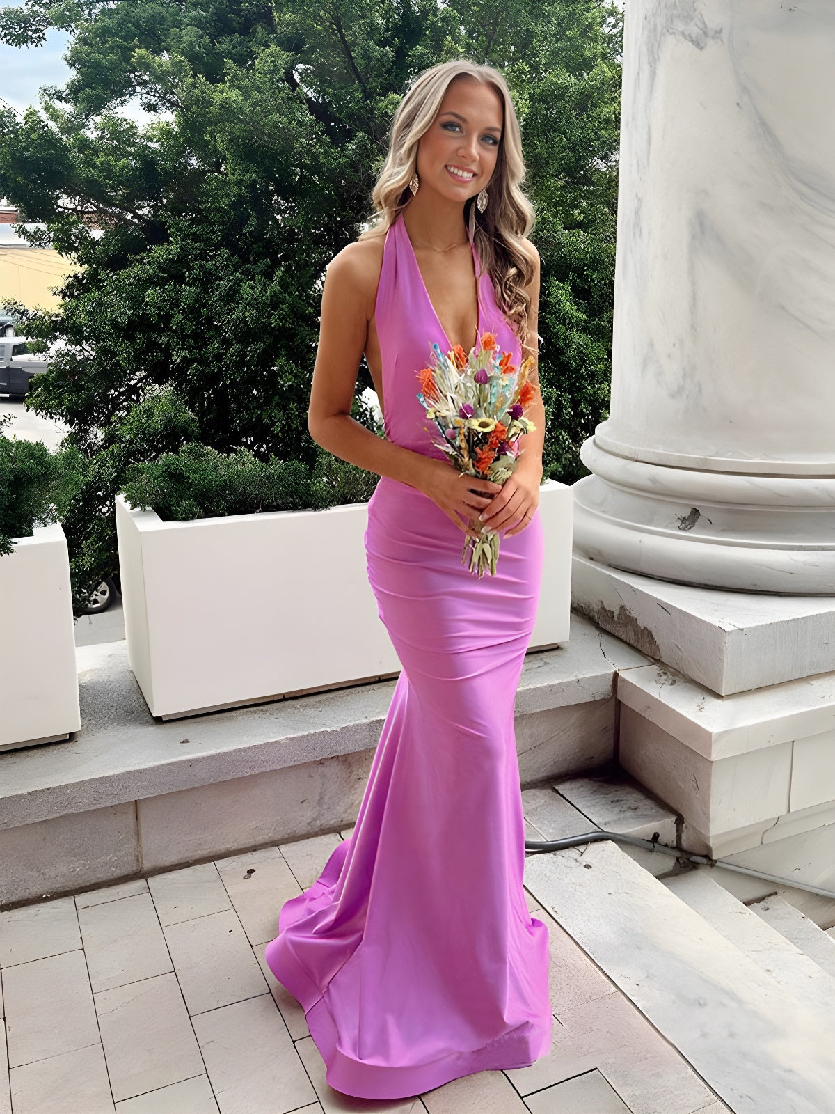 Gorgeous Halter Prom Dresses Long Satin Graduation Gown