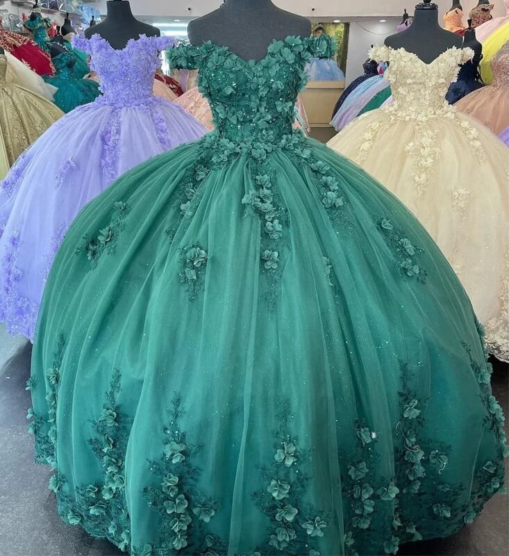 Green Quinceanera Dresses 3D Flower Applique Vestidos De 15 Anos jkprom Green Quinceanera Dresses 3D Flower Applique Vestidos De 15 Anos jkprom
