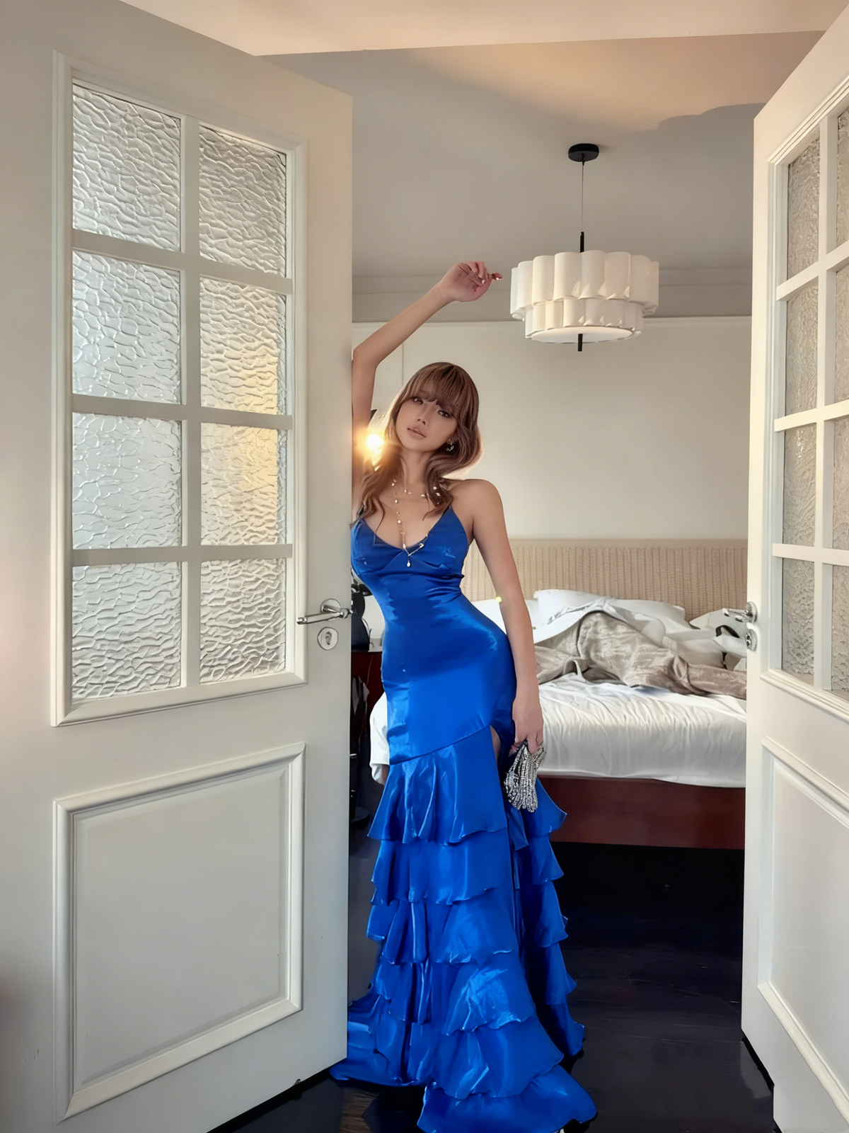 Elegant Navy Blue Long Prom Dresses Slit Formal Pageant Dress