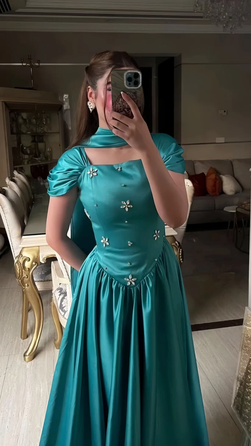 Blue A-Line Prom Dresses Beaded Long Satin Elegant Evening Dress for Woman Luxury