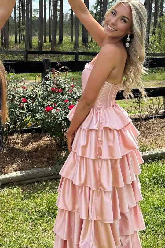 Beautiful A-Line Strapless Satin Long Prom Dress Layered Evening Gown Luxury Elegant