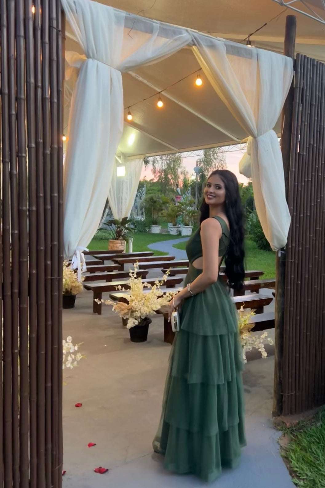 V Neck Green A Line Long Prom Dress Tulle Wed Party Dress