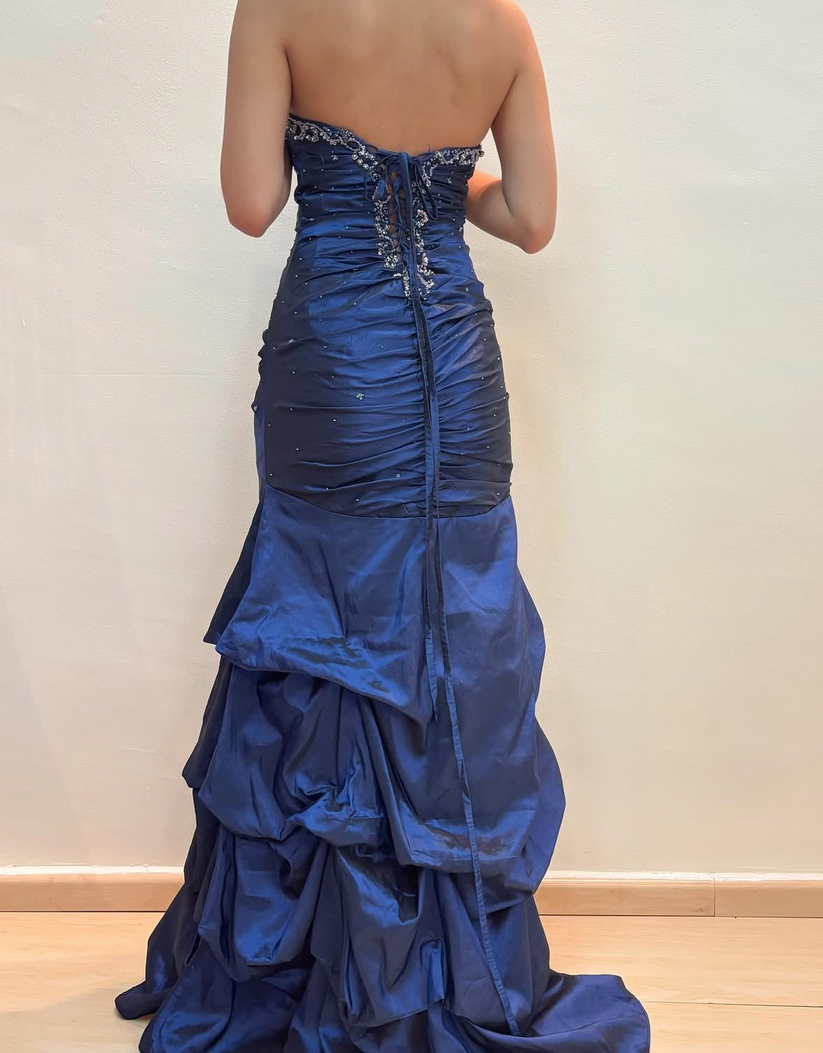 Vintage Satin Beaded Prom Dress Navy Blue Mermaid Formal Evening Party Dresses