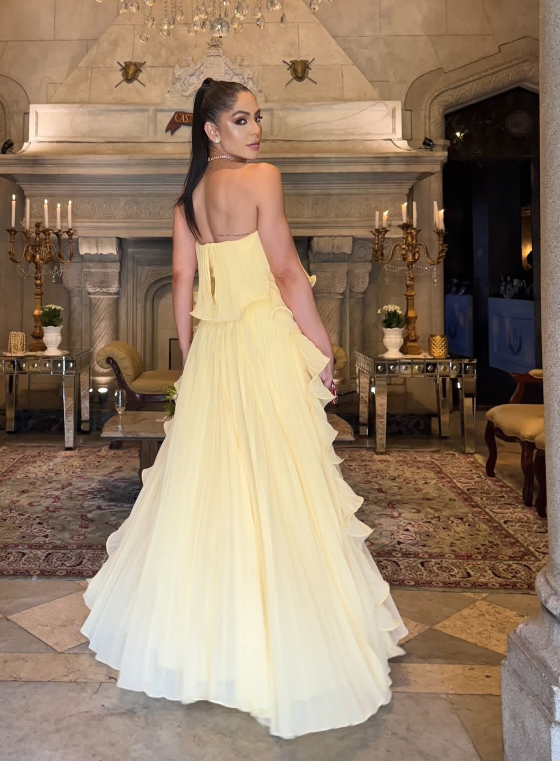 Strapless Yellow A Line Chiffon Prom Dress Pleated Evening Gown Woman Elegant