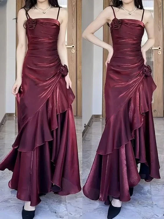 Spaghetti Straps Wine Red Prom Dress Ruffle Formal Evening Gown with Flower