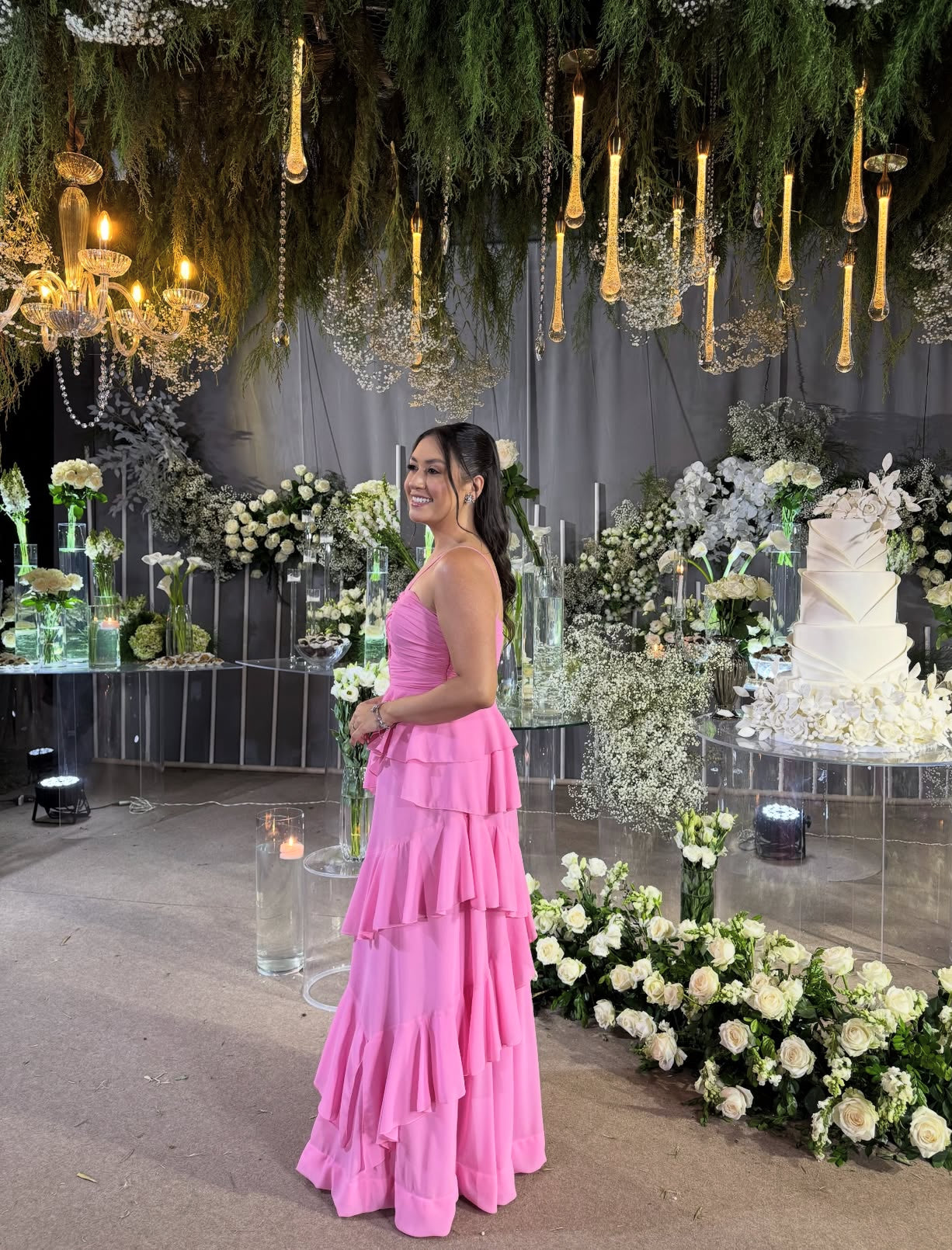 A Line Pink Prom Dress Ruffle Formal Wedding Guest Dresses