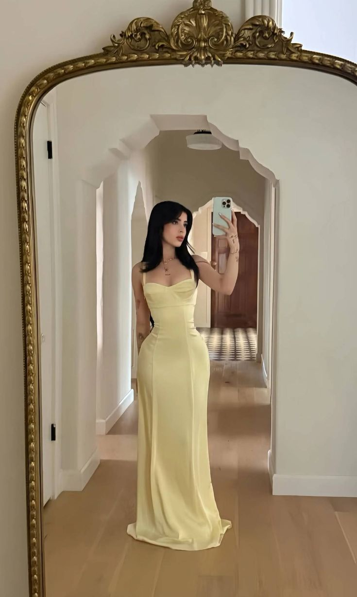 Elegant Sheath Long Prom Dresses Yellow Satin Maxi Dress