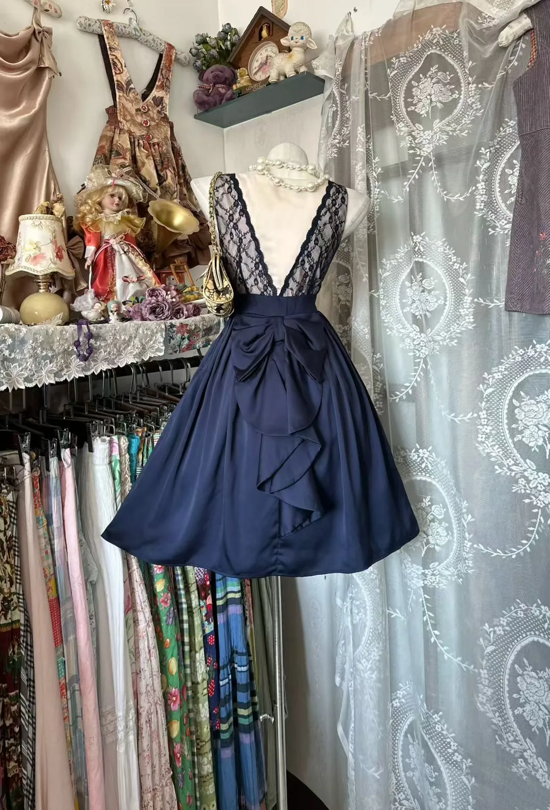 Navy Blue A Line Birthday Dresses Lace Short Party Dress with Bow